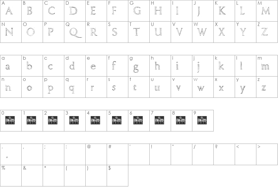 Freehand Roman font character map preview