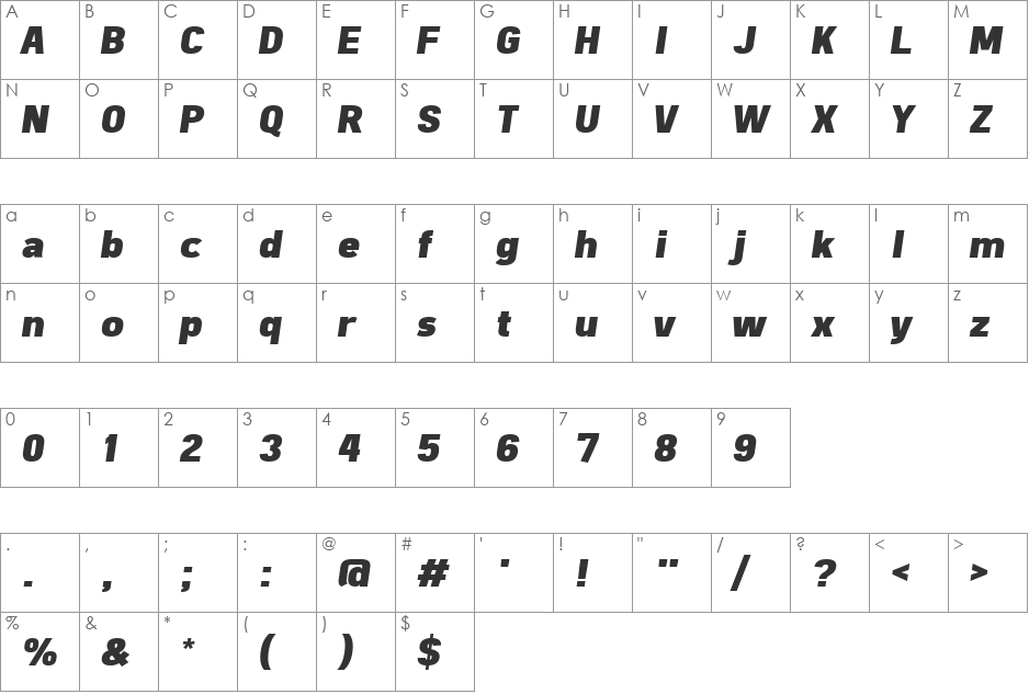 Freeroad font character map preview