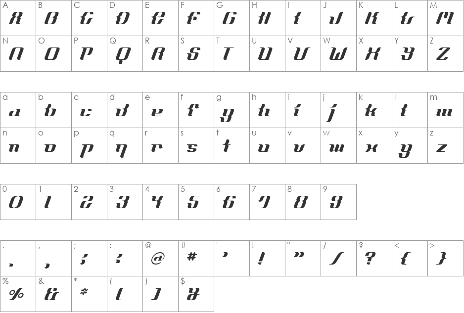 FrenchCurve font character map preview