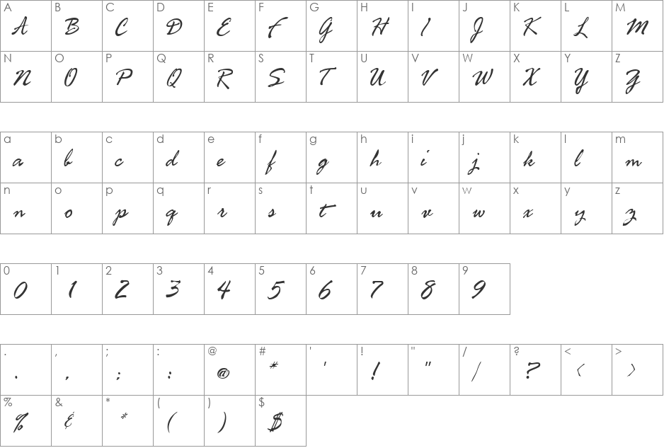 FreshScript font character map preview