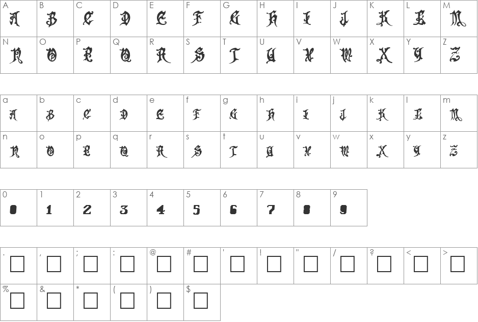 FrightWrite1 font character map preview