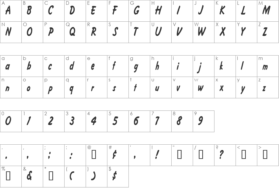 FritzerCondensed font character map preview