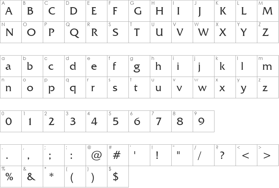 FrizQuadrata BT font character map preview