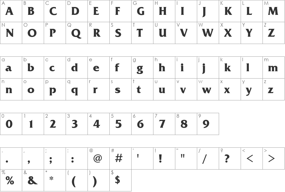 FrizQuadrataC font character map preview