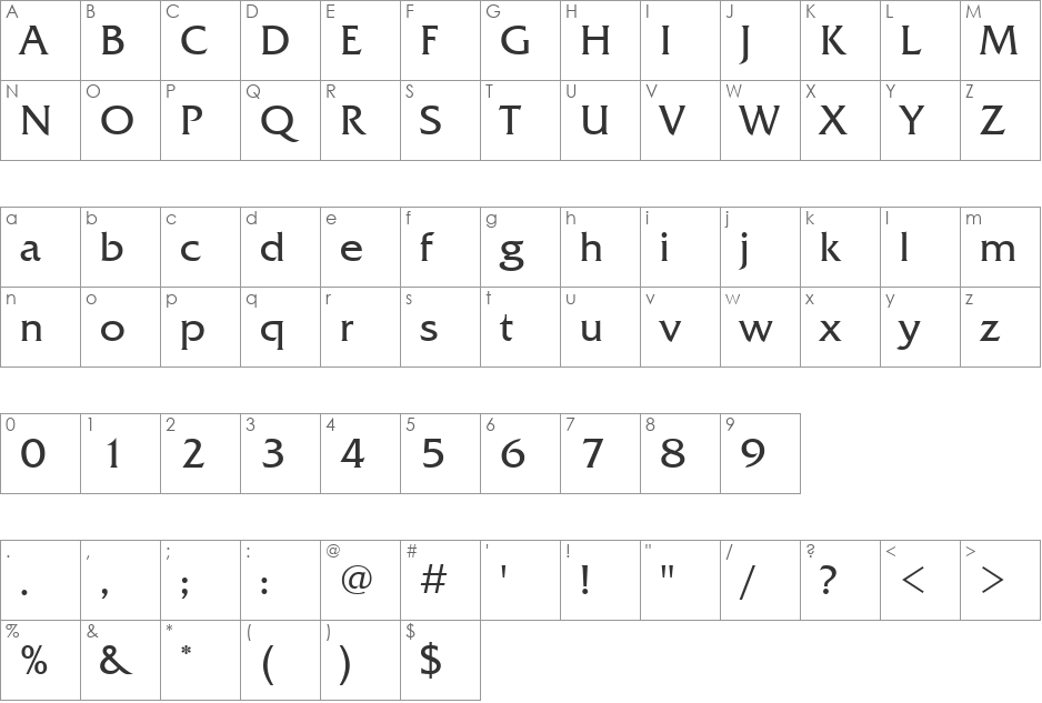 FrizQuadrataCTT font character map preview