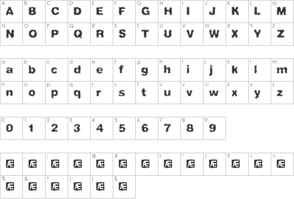 Frizzed BRK font character map preview