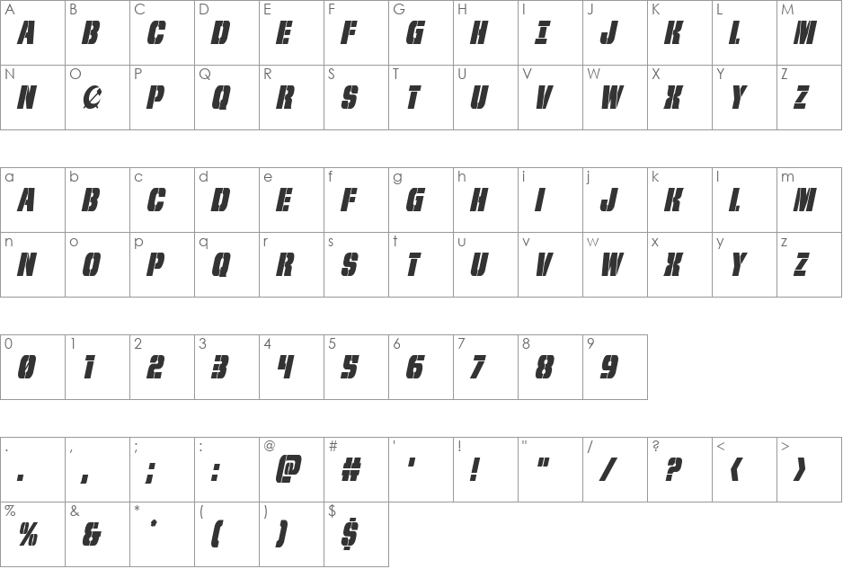 From BOND With Love Condensed Italic font character map preview