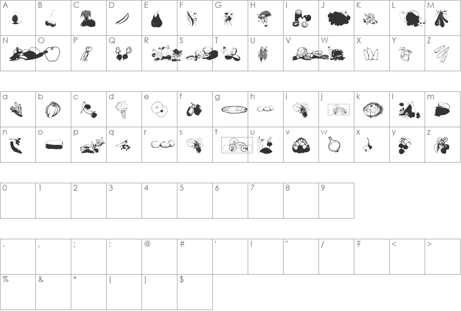 FruitsNVegies2 font character map preview