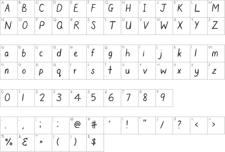 Angie Style font character map preview