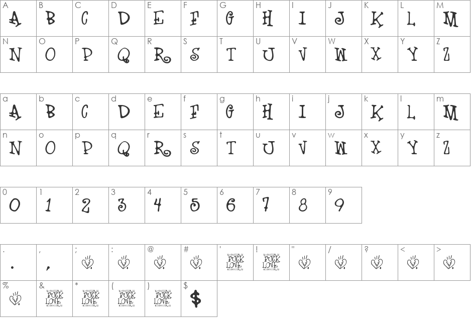 Fuck Love font character map preview