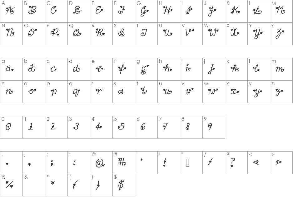 FullofHearts font character map preview