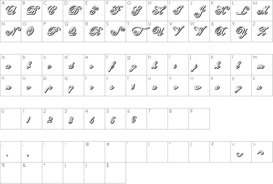 Anglia Script Shadow font character map preview