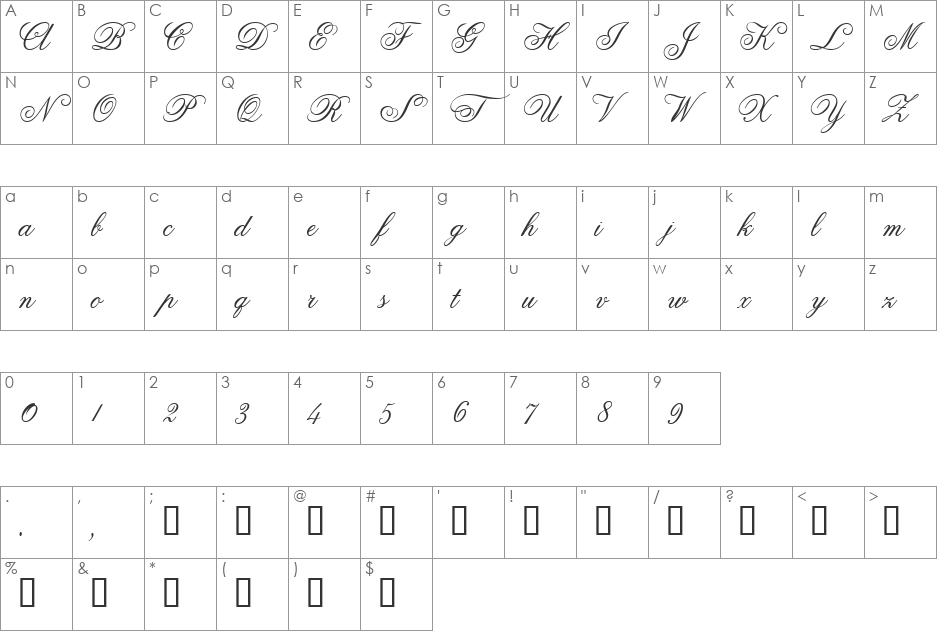 Anglia Script Standard font character map preview