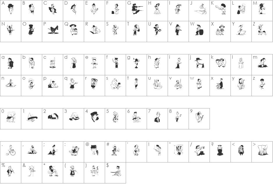 FunnyCharacters font character map preview