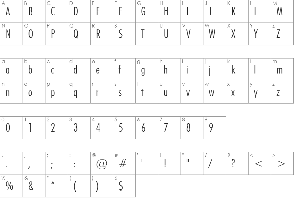 Futura LtCn BT font character map preview