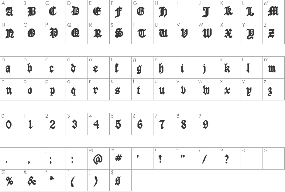 AngloSSK font character map preview