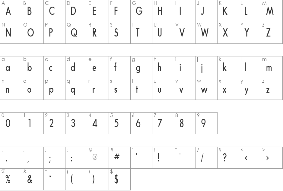 Futura Narrow font character map preview
