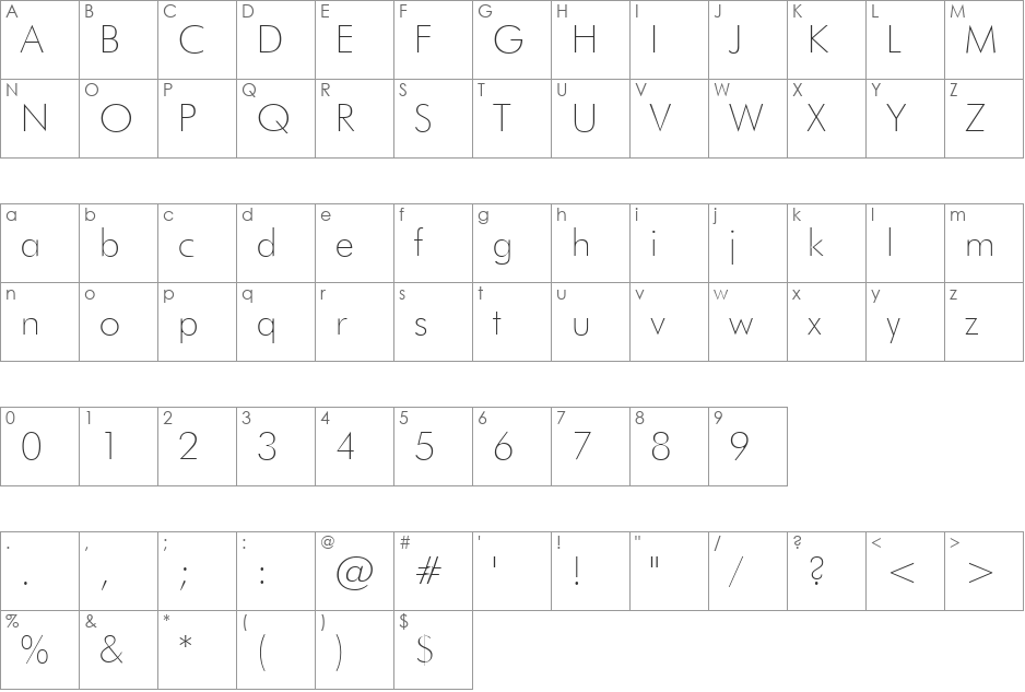 Futura Thin font character map preview