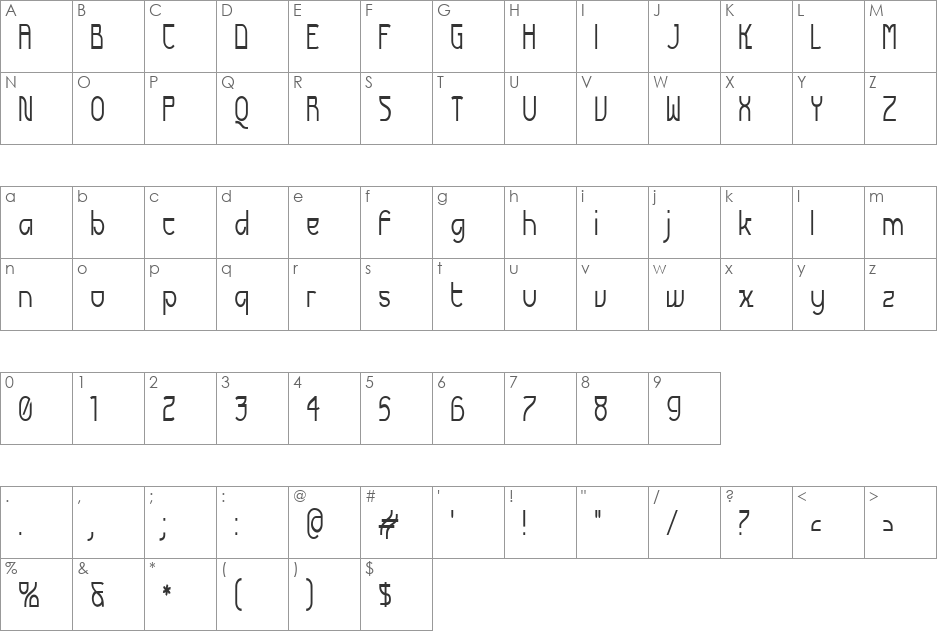 Futurex Narrow font character map preview