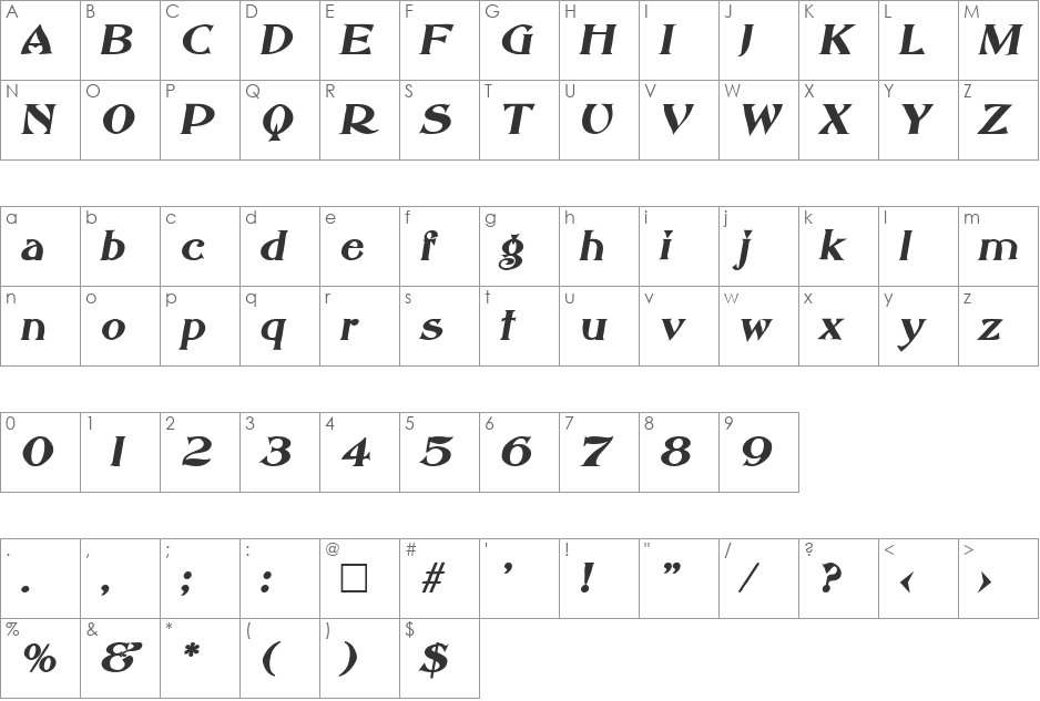 AbottOldStyle font character map preview
