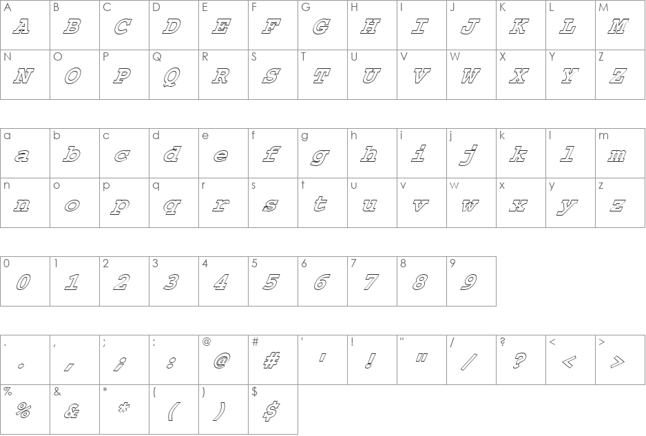 FZ BASIC 54 HOLLOW ITALIC font character map preview