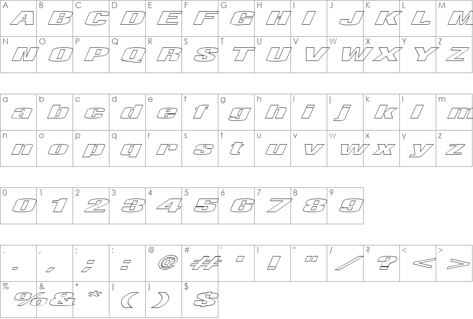 FZ BASIC 9 HOLLOW ITALIC font character map preview