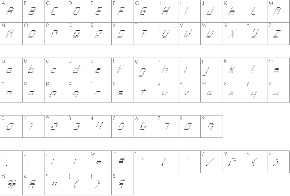 FZ DIGITAL 10 HOLLOW ITALIC font character map preview