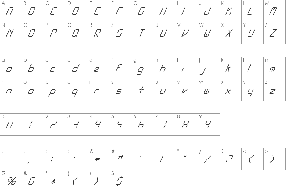 FZ DIGITAL 10 ITALIC font character map preview