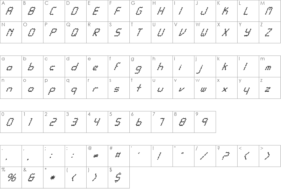 FZ DIGITAL 10 SPIKED ITALIC font character map preview