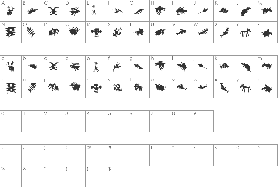 AnimaliaScissored font character map preview