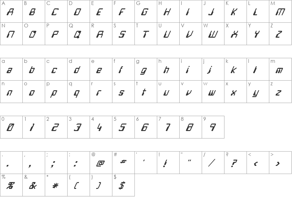 FZ DIGITAL 5 ITALIC font character map preview