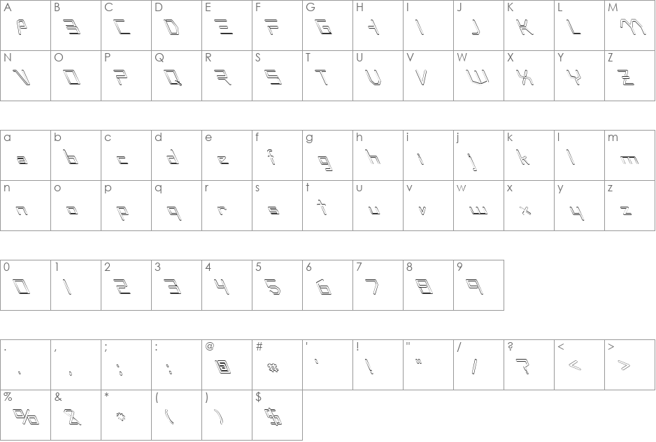 FZ DIGITAL 7 HOLLOW LEFTY font character map preview