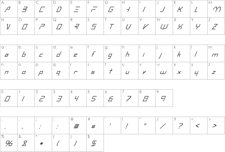 FZ DIGITAL 7 ITALIC font character map preview