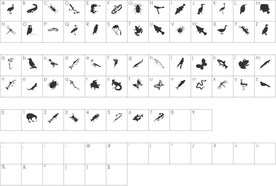 AnimalishSilhouettes font character map preview