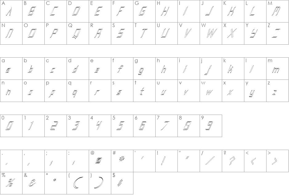 FZ DIGITAL 8 HOLLOW ITALIC font character map preview