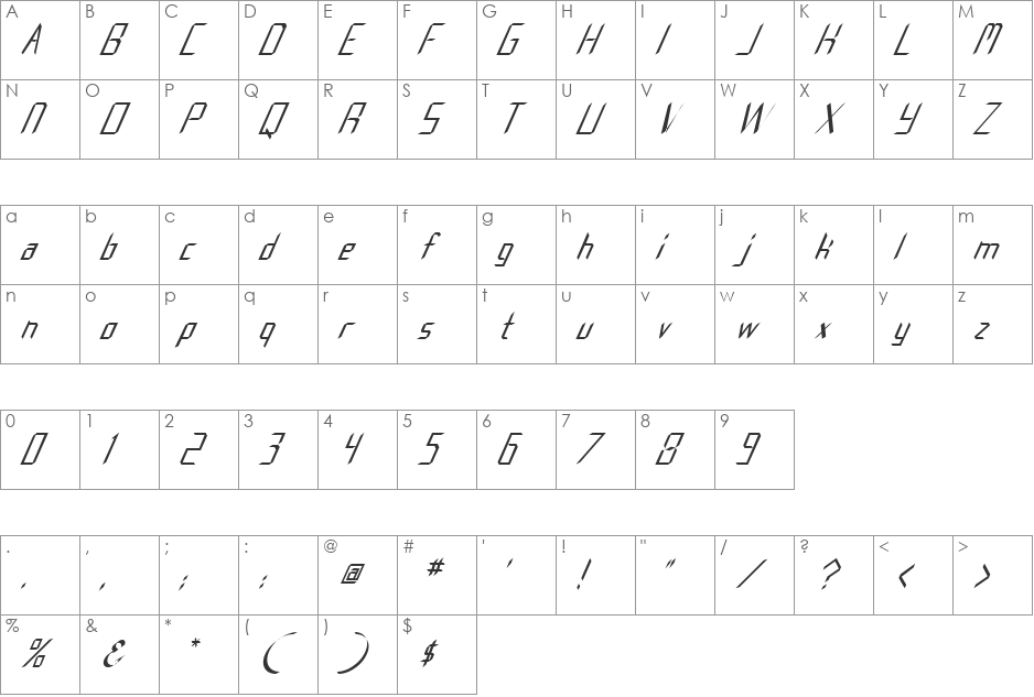 FZ DIGITAL 8 ITALIC font character map preview