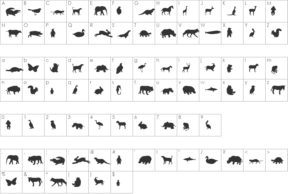 Animals font character map preview