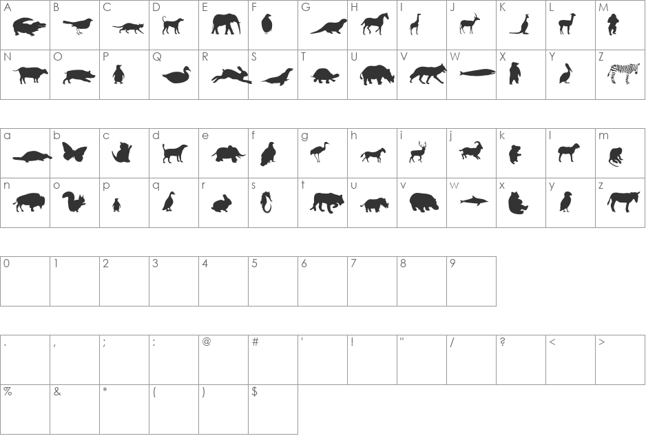 Animals font character map preview