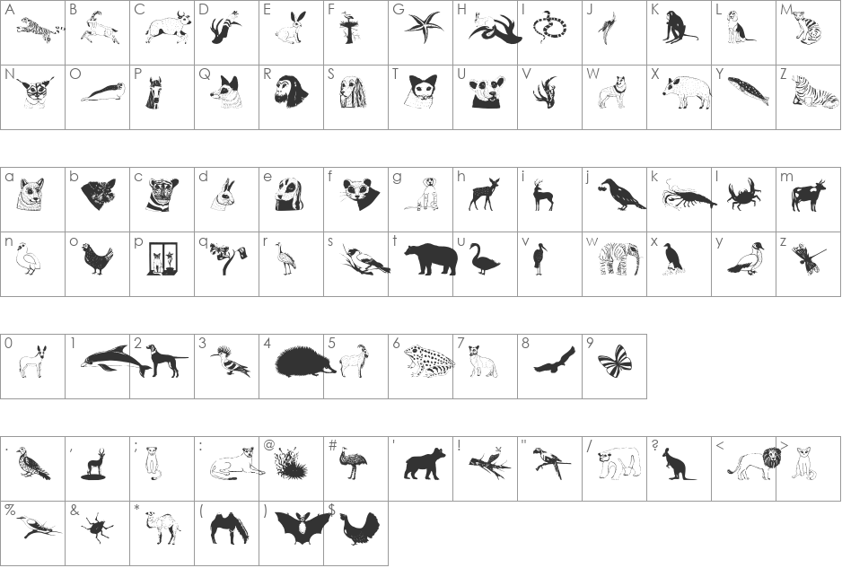 AnimalsAnywhere font character map preview