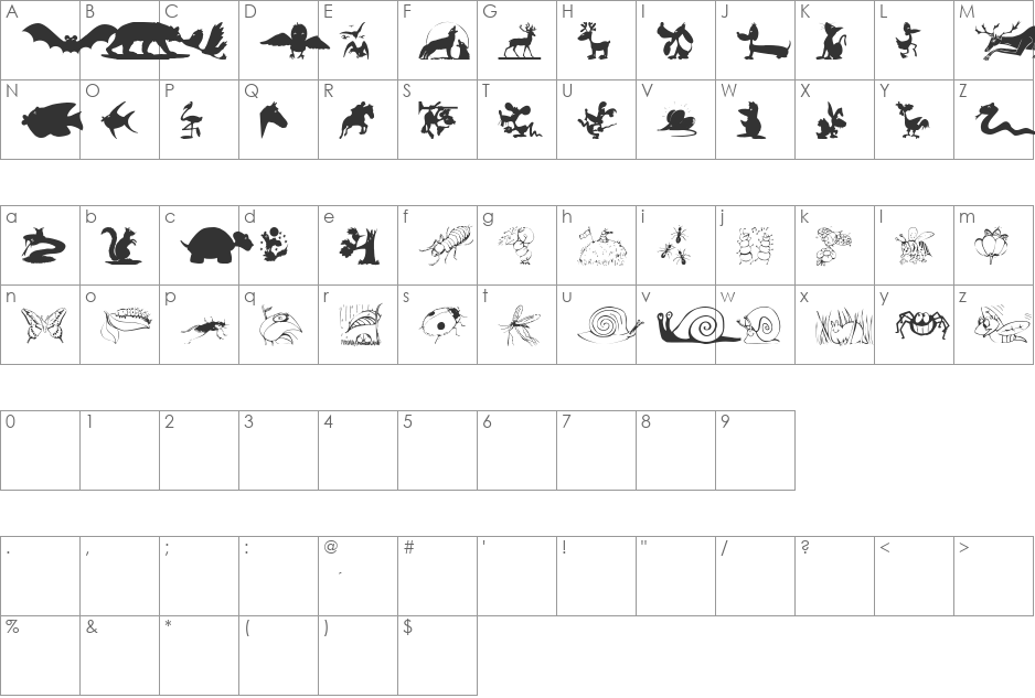 AnimalShadows font character map preview
