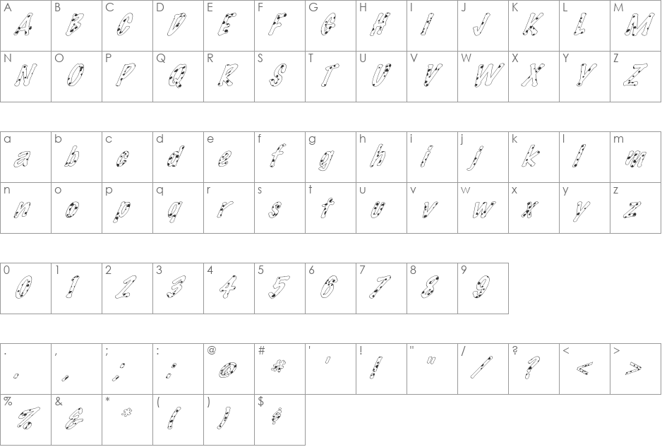 FZ HAND 14 SPOTTED ITALIC font character map preview