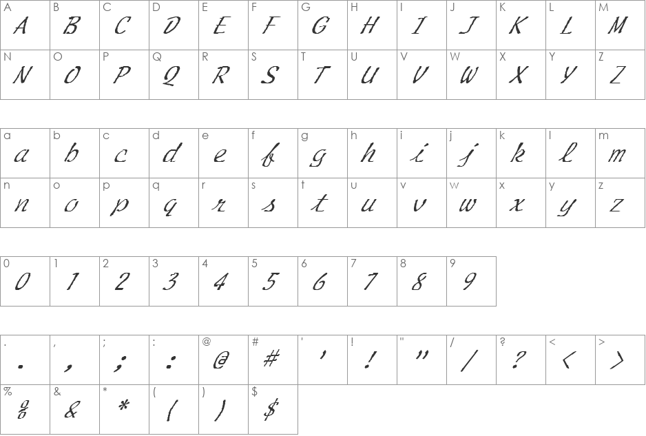 FZ HAND 20 ITALIC font character map preview