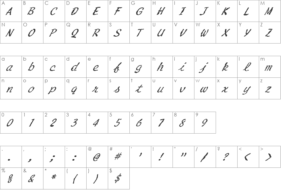 FZ HAND 20 MANGLED ITALIC font character map preview