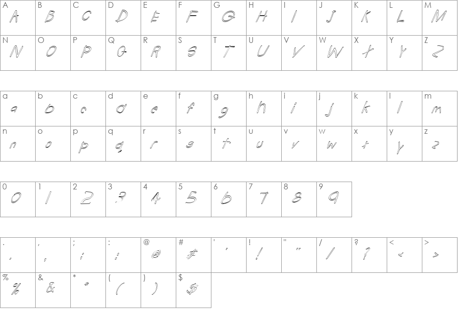 FZ HAND 22 HOLLOW ITALIC font character map preview