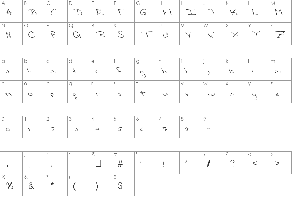 FZ HAND 24 MANGLED font character map preview