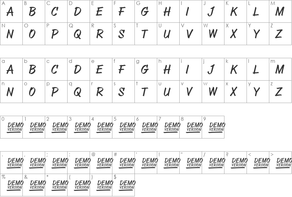 ABOVEA DEMO VERSION font character map preview