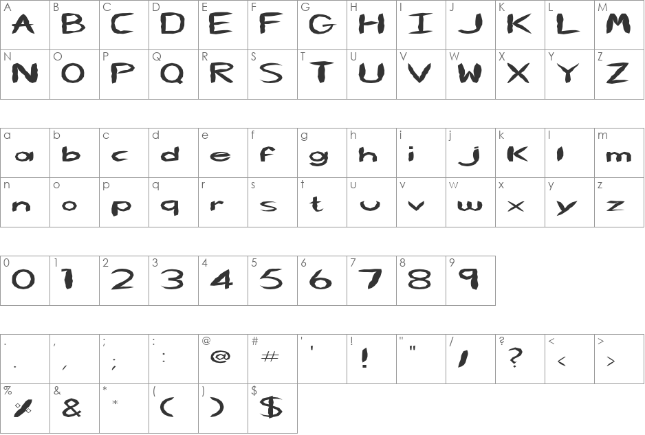 FZ HAND 5 MANGLED EX font character map preview