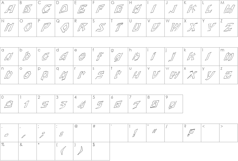FZ JAZZY 12 HOLLOW ITALIC font character map preview