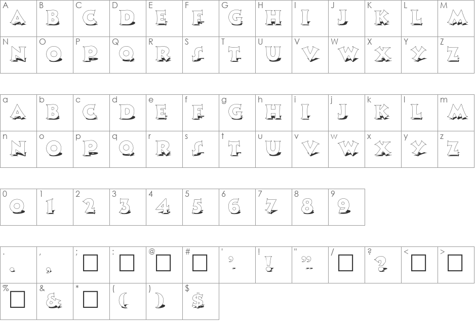 FZ JAZZY 13 SHADOW font character map preview