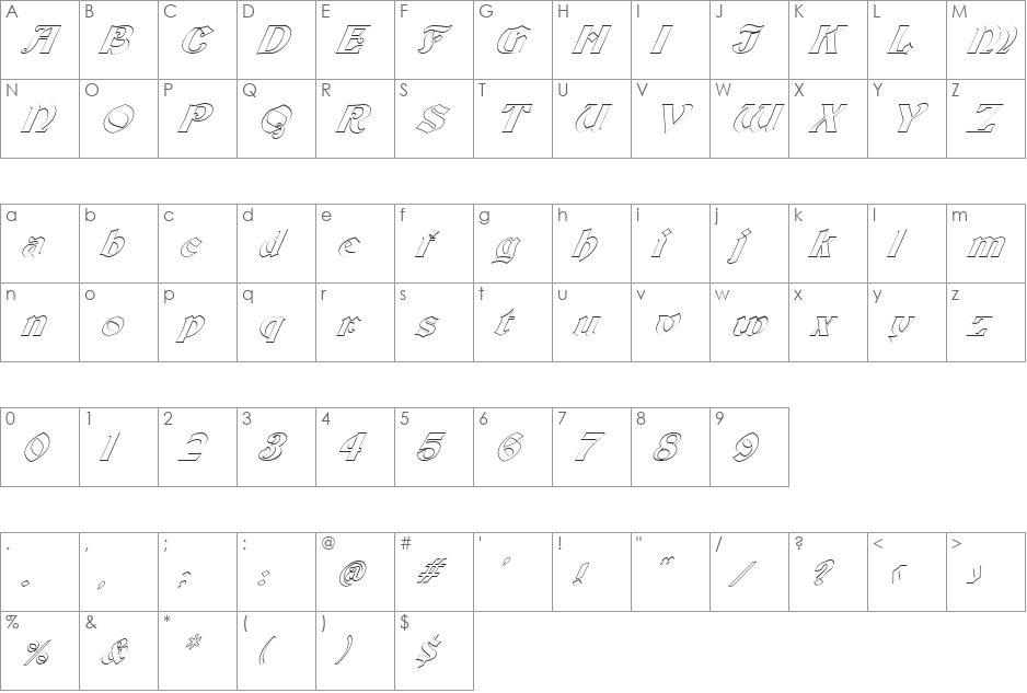 FZ JAZZY 19 HOLLOW ITALIC font character map preview
